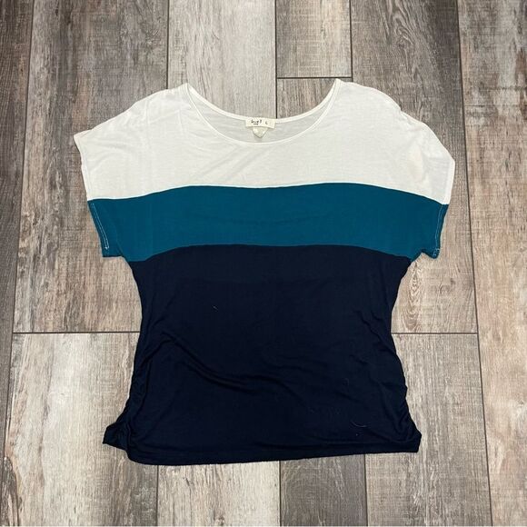 Love J Short Sleeve Color Block Striped Blouse Size Large Teal Navy Blue White - Picture 8 of 10